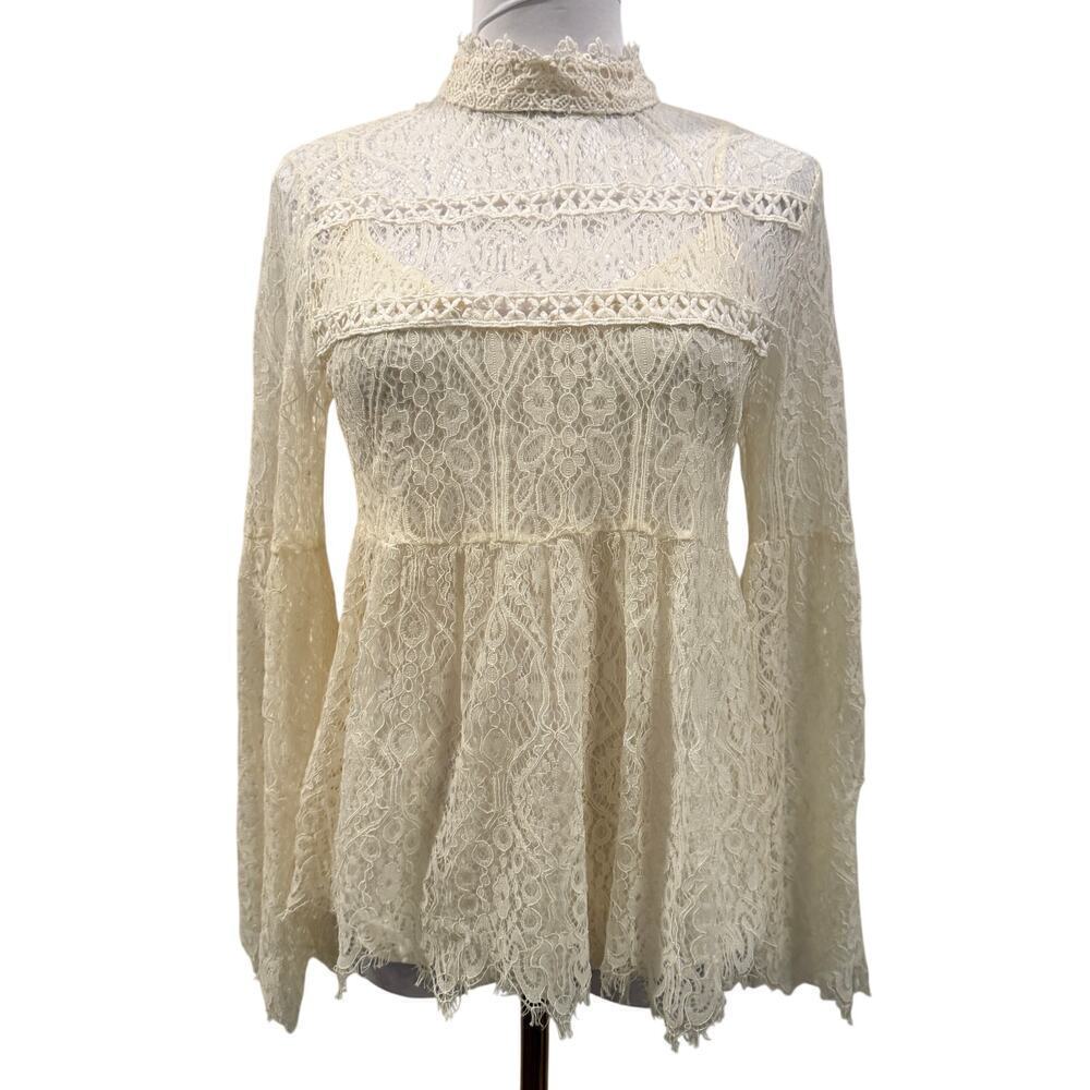 Ivory Lace Victorian Long Sleeve High Neck Blouse Cottage Boho Coquette Small